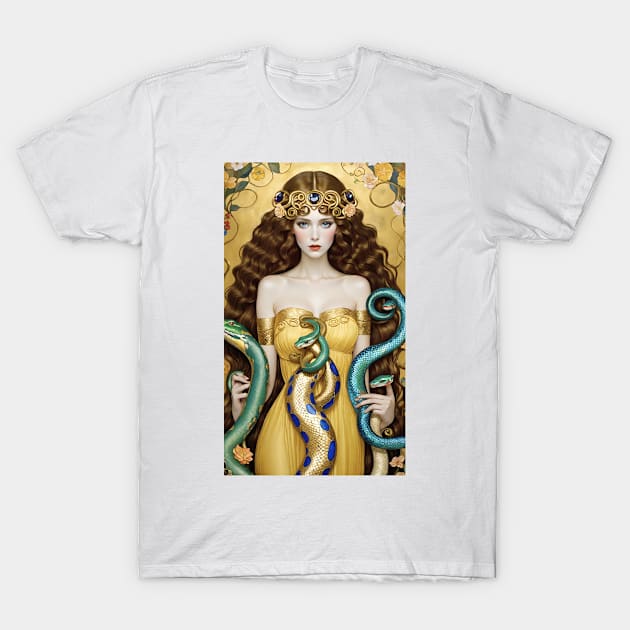 Gustav Klimt's Serpentine Reverie: Women Embraced by Snakes T-Shirt by FridaBubble